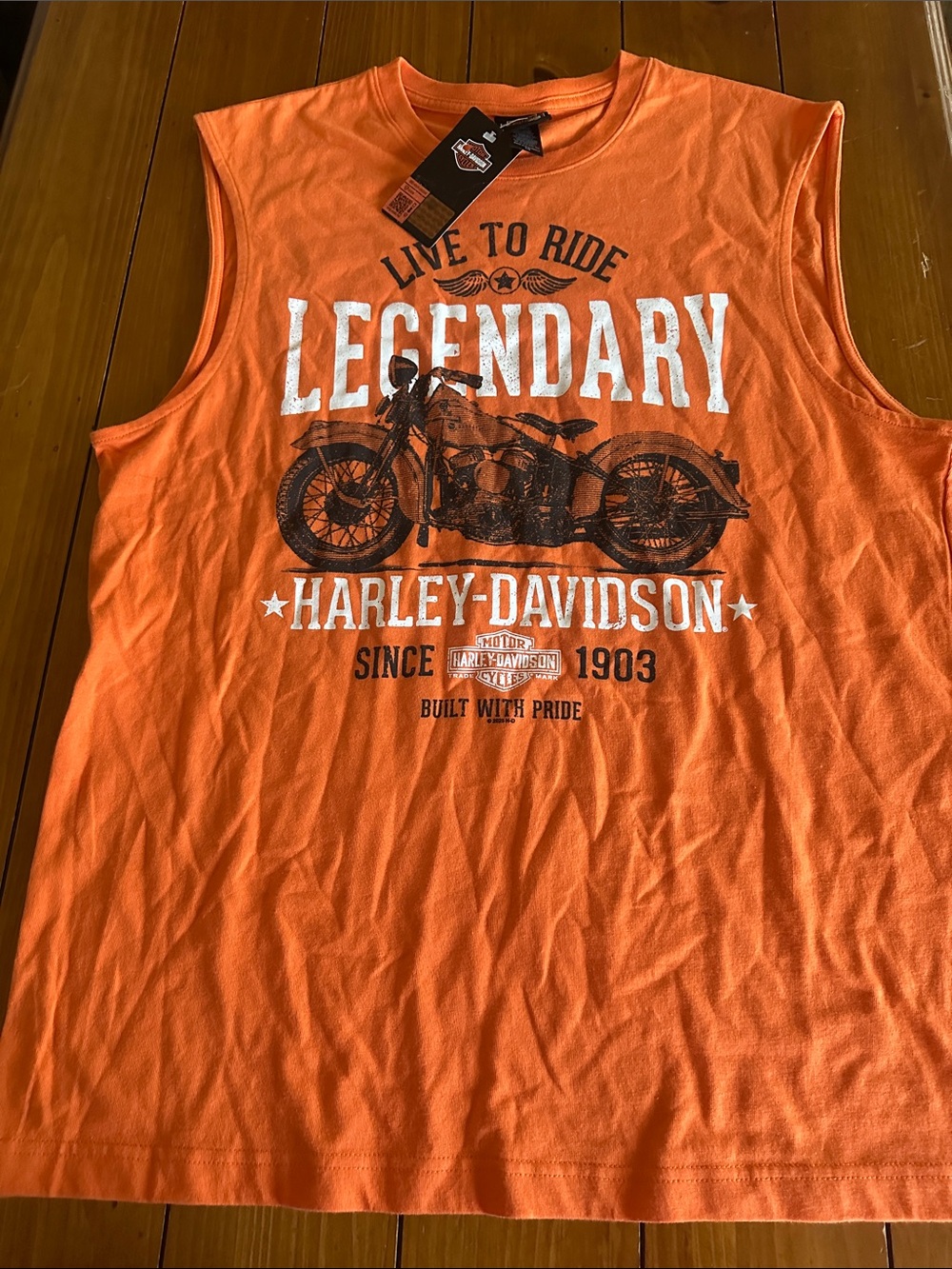 Harley-Davidson Orange Graphic Muscle Tank with Black and White Print